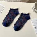 Women floral short socks with lace trim, cute Japanese style cotton socks for daily wear variant - One Size / Dark Blue