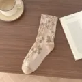 Vintage floral mid-tube socks for women, retro ethnic style breathable casual socks. - One Size / Khaki Floral Embroidery