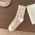 Retro Floral Mid-Calf Socks Vintage Jacquard Casual Cotton Hosiery Apricot Style - One Size / Apricot Retro Jacquard