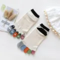 Women's cute five-toe cotton socks featuring a playful cat and fish design variant. - One Size / Beige Black Trim
