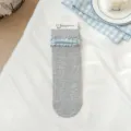 Grey blue striped mid-calf socks for women, cute ruffled design with Japanese sweet cotton socks. - One Size / Color 1
