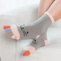 Women cute cat print cotton five finger toe socks mid calf breathable casual hosiery - One Size / Gray