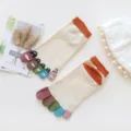 Cute cat cartoon five toe socks for women, spring summer breathable cotton toe socks. - One Size / Beige with Orange Border