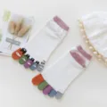Women cute five toe socks short cotton colorful toe cat fish pattern white variant - One Size / Beige With Purple Edge
