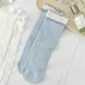 Light blue cotton mid-tube socks for women, sweet double-layered ruffled lace edge design. - One Size / Light Blue