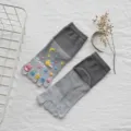 Women grey cotton five finger socks with cute star and cartoon toe design for spring - One Size / Gray