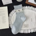 Cute blue women mid-tube socks featuring lovely puppy embroidery and high elasticity design. - One Size / Light Blue