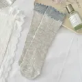 Grey Japanese style mid-tube socks with blue ruffle edge cotton cute daily wear sku - One Size / Gray