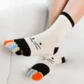 Women cute cat five toe socks cotton thermal mid-calf colorful cute cartoon breathable hosiery - One Size / White