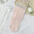Women Japanese Style Ruffle Mid-Tube Socks Cute Pink Cotton Mesh Stacked Crew Socks - One Size / Pink
