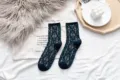 Women's vintage argyle cotton mid-calf socks, cozy winter retro casual knit hosiery. - One Size / Navy Blue