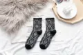 Women knit mid-calf socks with 3d diamond pattern, classic black grey winter hosiery. - One Size / Black