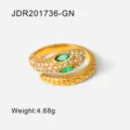 Anello serpente in acciaio inossidabile dorato con occhi in pietra verde, design regolabile. - Serpente con Pietra Verde e Zirconia / Oro