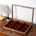 Walnut grain wooden jewelry display box featuring clear glass lid and red velvet compartments. - Walnut Color Red 9-Grid Chest / L