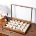 Nussbaum Optik Schmuckaufbewahrung Kiste mit Glasdeckel und praktischen Samtfächern. - Schwarznuss Beige Innenseite 24 Raster Box