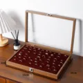 Scatola porta anelli in legno con coperchio in vetro e velluto per esposizione gioielli 35cm - Grande Scatola per Anelli / Colore Noce Interno Rosso Scatola per Anelli