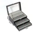 3-Schichten Füllfederhalter-Displaybox aus Leder mit Sichtfenster, große Aufbewahrungsbox 31cm - Dreilagig / 36 Steckplätze / Graues Interieur 3-Schichtig