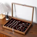 Holz Schmuckkästchen mit Glasdeckel, walnussfarbenes Ringketten Display Tablett Organisator. - 8 Fächer / Schwarzwalnuss Mit Rotem Futter