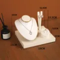 PU leather jewelry display stand set with necklace bust, earring holder, and ring tray. - Brushed Leather Set Display Stand / White
