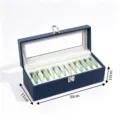 Caja de almacenamiento de cuero azul para pulseras con diez ranuras y forro de terciopelo. - Exterior Azul Interior Gris 12 Ranuras Caja