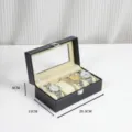 Black PU leather watch display box with clear glass lid and multiple slots for storage. - Black 4 Slots