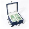 Caja de almacenamiento de joyas de cuero azul con tapa transparente para pulseras. - Exterior Azul Interior Gris 14 Ranuras Caja