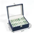 Caja de almacenamiento de joyas de cuero azul con tapa de vidrio para pulseras y brazaletes. - Exterior Azul Interior Gris 18 Ranuras Caja