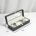 6 slot watch box black leather storage display case with glass top and metal lock organizer - Black Leather 6 Slots Long