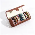Cylindrical 3-slot bracelet storage box PU leather jewelry organizer with colorful beads - 3-Slot Cylindrical / Coffee