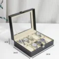 Black PU leather 8-slot watch storage box with clear glass lid and soft velvet interior. - Black Leather 10 Slots