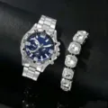 Orologio al quarzo hip-hop da uomo e bracciale in cristallo, set in lega di zinco argento. - Quadrante Blu Cinturino Argento Con Bracciale (Senza Scatola)