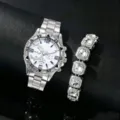 Set orologio al quarzo da uomo con bracciale di cristallo, orologio hip hop in lega. - Quadrante Bianco Cinturino Argento Con Bracciale (Senza Scatola)