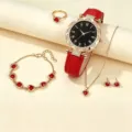 Superbe ensemble de bijoux cœur rouge avec montre quartz ciel étoilé, bague, bracelet et collier. - Parure Montre Et Bijoux / Parure 6 Pièces (Sans Boîte) / Rouge