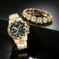 Eleganter orologio da uomo al quarzo dorato con quadrante blu e bracciale in zirconi. - Quadrante Blu Cinturino Oro Con Bracciale (Senza Scatola)
