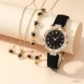 Luxe femmes montre quartz ensemble bijoux avec cadran etoile chiffres romains bracelet cuir - Parure Montre Et Bijoux / Parure 6 Pièces (Sans Boîte) / Noir