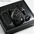 Herren schwarzes Quarzuhr Set mit Armband Halskette Ring stilvolles minimalistisches Schmuck-Set - Uhren-Schmuck-Set (Schwarz Roségold)