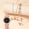 Montre quartz femme bracelet cuir rose cadran etoile avec ensemble bijoux cristal rose - Parure Montre Et Bijoux / Parure 6 Pièces (Sans Boîte) / Rose