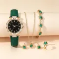 Ensemble montre quartz femme bracelet cuir vert avec collier bracelet bague boucles d'oreilles - Parure Montre Et Bijoux / Parure 6 Pièces (Sans Boîte) / Vert
