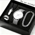 Herren Quarz Uhren Set mit Mesh Armband Ring Halskette und Kette Armband fur Herren. - Uhren-Schmuck-Set (Silber Weiß)