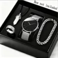 Herren minimalistische Quarzuhr und Schmuck Set mit Armband Ring Kette fuer Business Stil. - Uhren-Schmuck-Set (Silber Schwarz)