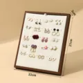 Wooden earring display stand with beige velvet board, walnut frame, jewelry organizer 22x27x3cm - Earring & Stud Display Stand