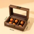 Retro wooden walnut storage box with clear lid and compartments for collectible items. - Wood Grain Leatherette 3 Slots Box