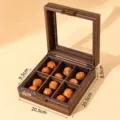 Retro wood grain walnut storage box with transparent lid and six compartments for jewelry. - Wood Grain Leatherette 6 Slots Square Box