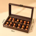 Vintage wooden walnut storage box with glass lid multi-compartment display case for collectibles - Wood Grain Leatherette 12 Slots Box
