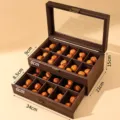 Vintage wooden walnut storage box with glass lid and drawer organizer for collectibles. - Wood Grain Leatherette Double Layer 20 Slots Box