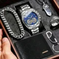 Set regalo orologio quarzo uomo con cinturino acciaio, bracciale, collana, anello, portafoglio. - Stile Blu Argento Con Accessori