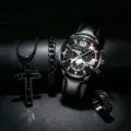 Detailansicht Herren Quarzarmbanduhr und Schmuck-Set mit schwarzem Lederarmband und Zifferblatt. - Schwarz Silber mit Schmuckset (Keine Box)