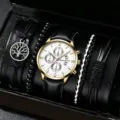 Detailaufnahme des Herren Quarzuhr Geschenkesets mit schwarzem Armband und vier Armbändern. - Schwarzes Armband Goldene Gehäuse Weißes Zifferblatt mit Ornamenten (Ohne Box)