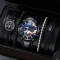 Vue détaillée de la montre quartz homme élégante avec quatre bracelets stylés. - Cadran Noir Bleu Montre avec Quatre Bracelets Ensemble / Ensemble de Bijoux (Sans Boîte) / Bleu Noir
