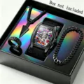 Men black tonneau quartz watch cross necklace ring bracelet 4-piece fashion gift set - Style 1 / Black